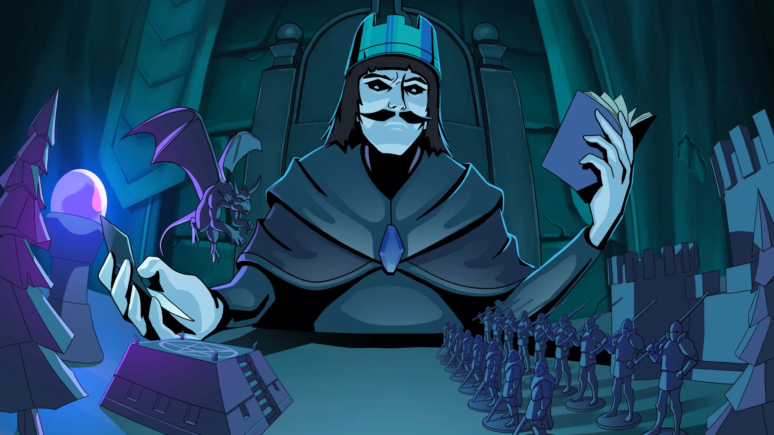 A crowned ruler planning a kingdom with towers and an army